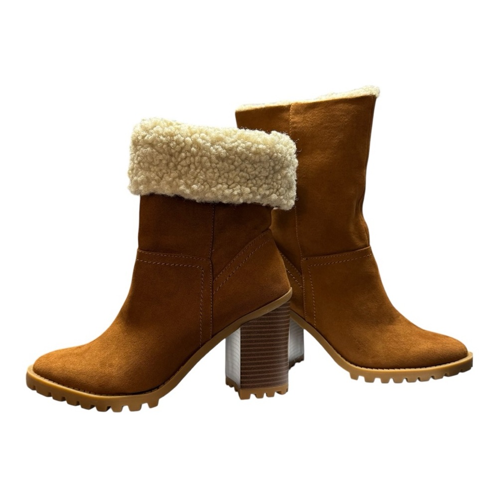 Women’s Size 7 New in Box Stacey Shearling Fold Over Stacked Heel Brown Boot